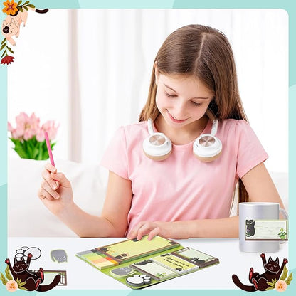 B1ykin Sticky Notes Set - Cartoon Theme Cute Self-Stick Notes Pad Teacher Appreciation Gifts， Self-Adhesive Writing Memo Pages Sticky to Do Notepad for Kids Employee School Office (Black Cat Floral)