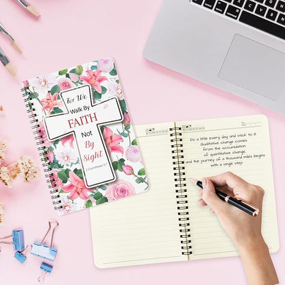2Pack A5 Floral Cross Religious Spiral Notebooks - Bible Verses Writing Notebooks, Ruled Hardbound Lined Journal, Inspirational Christian Christmas Gift, Sunday School Supply (Pink & Blue)