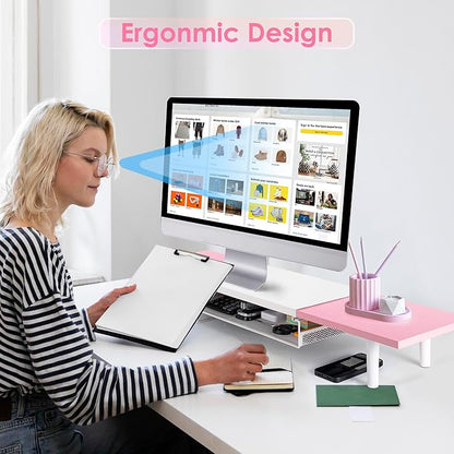 Dual-Computer-Monitor-Stand-Riser For Desk, Expandable Desk Shelf With Drawer For 2 Monitors, Desk Accessories & Workspace Organizers,TV Riser, Desktop Double Laptop Riser With Storage