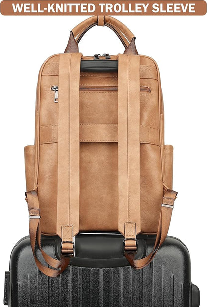 MASINTOR Leather Laptop Backpack for Women, Stylish Computer Backpack College Business Work Shoulder Bags Work and Travel Retro Camel