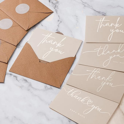 100 Bulk Khaki Thank You Cards with Kraft Envelopes and stickers - 4 Minimalistic Designs Blank Thank You Notes with Envelopes beige for business Wedding Bridal Gift Baby Shower Business Graduation