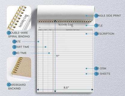 Better Office Products Activity Log Notepad, 8.5" x 11", Planning Note Pad, 50 Sheets, Double-Wire Spiral, Daily Time Tracking Productivity Checklist Organizer,(1 Pack)