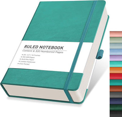 RETTACY Journaling Notebooks, A5 Lined Notebook Journal with 320 Numbered Pages, 5.7'' × 8.3'', Medium Size, Journal Notebook for Writing, Work, Leather Hardcover, 100 GSM Thick Paper (Cyan)