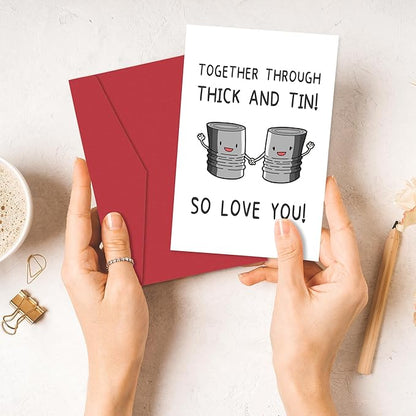 Romantic Anniversary Card for Husband Wife, Funny Birthday Card for Him Her, Cute Wedding Anniversary Card for Women Men, 'Together Through Thick and Tin Love You'
