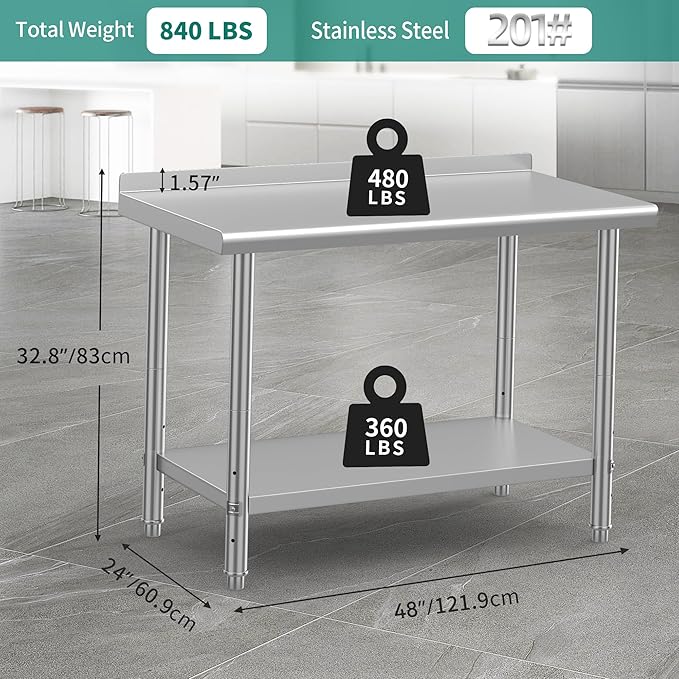 YITAHOME 48" x 24" Stainless Steel Table for Prep & Work with Backsplash, NSF Commercial Heavy Duty Table with Undershelf for Home Kitchen Restaurant Garage Warehouse
