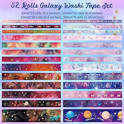 52 Rolls Washi Tape Set, Gold Foil Galaxy Washi Tape for Journaling Supplies, 4 Size Washi Tapes for Scrapbooking, DIY Journal Set, Craft, Gift Wrapping, Painting