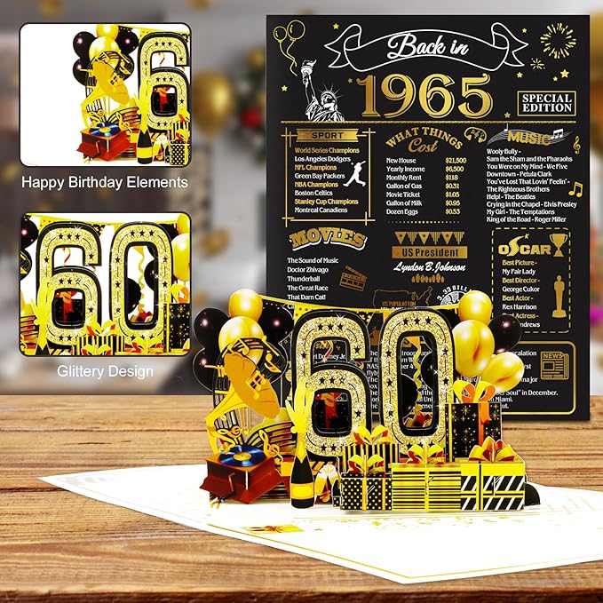60th Birthday Card for Men Women, 3D Pop Up 60th Birthday Gifts Cards for Him Her, Back In 1965 Funny 60 Year Old Birthday Decorations