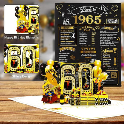 60th Birthday Card for Men Women, 3D Pop Up 60th Birthday Gifts Cards for Him Her, Back In 1965 Funny 60 Year Old Birthday Decorations