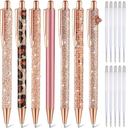 Sherr 7 Pcs Fancy Pens for Women Cute Sparkly Glitter Pens with 10 Pcs Black Ink Refills Pretty Gifts for Girls Office School Christmas Graduation(Rose Gold,Elegant)