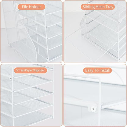 Desk Organizers and Accessories, 5-Tier Paper Letter Tray Organizer with File Holder, Desktop Organizer for Office Supplies, Office Desk Accessories & Workspace (White)