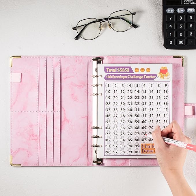 100 Envelopes Challenge Binder Savings Challenges Book, A5 Money Saving Planner Cash Envelope Budget Binder with Erasable Pen, Easy and Fun Way to Save $5,050, 10,000 and $500 (Marble Pink)