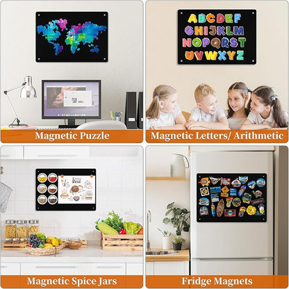 4 Pack Magnetic Board Black, 17" x 12" Metal Bulletin Board for Wall to Display Magnetic Notes, Stickers, Photos, Suits for Wall, Cabinet, with Dual Lock Tape and Screws for Easy Hanging