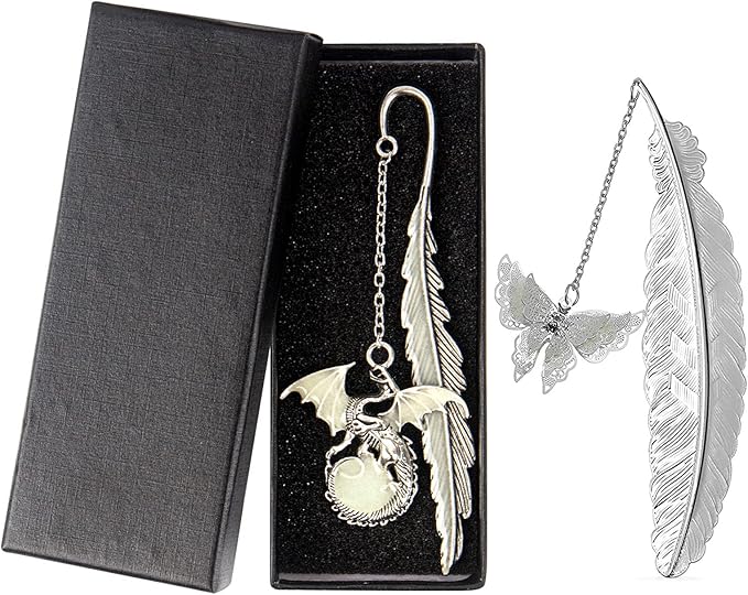 2 Pack Feather Metal Bookmark with Luminous 3D Butterfly Pendant & Dragon, Unique Glow in The Dark Bookmark Gift for Men Women (Dragon & Butterfly)