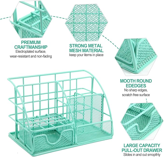 JUOPIEA Desk Organizers and Accessories Office Supplies Organizer with Pen Holder, 72 Clips Set and Phone Stand, Metal Mesh Desktop Organizers with Drawer for Home, Office, School Ect