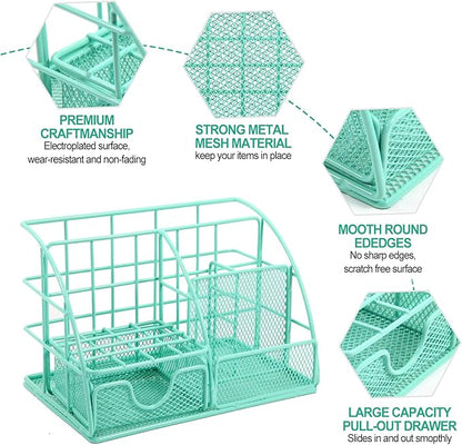 JUOPIEA Desk Organizers and Accessories Office Supplies Organizer with Pen Holder, 72 Clips Set and Phone Stand, Metal Mesh Desktop Organizers with Drawer for Home, Office, School Ect