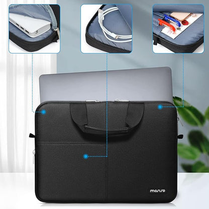 MOSISO Laptop Shoulder Bag Compatible with MacBook Air/Pro,13-13.3 inch Notebook,Compatible with MacBook Pro 14 inch 2023-2021,Polyester Briefcase with Front 3 Rectangle Separate Pockets & Belt, Black