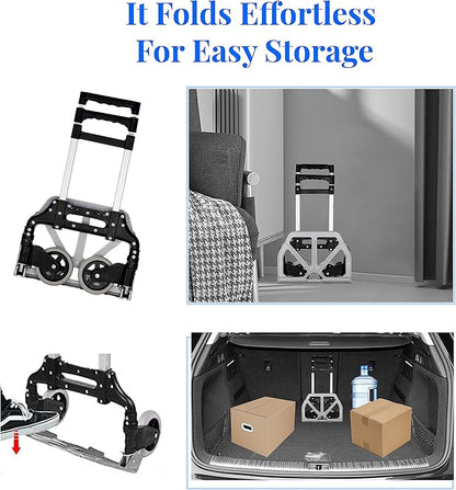 Folding Hand Truck, 165lbs Capacity Lightweight Portable Folding Dolly Multi-fuctional Foldable Hand Cart Heavy Duty Utility Cart for Home Shopping Office and Travel Use (Black 2 TPR Wheels)