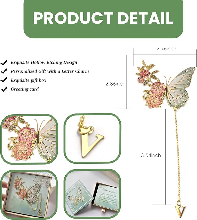 Metal Butterfly Bookmark for Women Cute Book Lovers Gift Butterfly Bookmarks Inital Book Mark Gifts for Reading Women Friend Teacher Appreciation Gifts Mom Birthday Valentines Day Christmas Gift, T