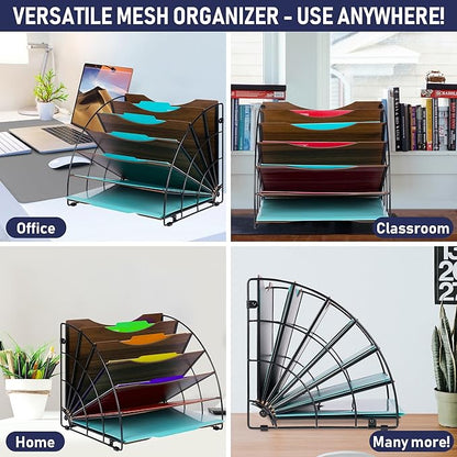 Dasher Products Fan-Shaped Office Desk Organizer, 6 Compartments with Wood-Patterned Shelves for Storing Paper, Bills, Letters, and Office Supplies. Multi-Functional Desk Organizers and Accessories