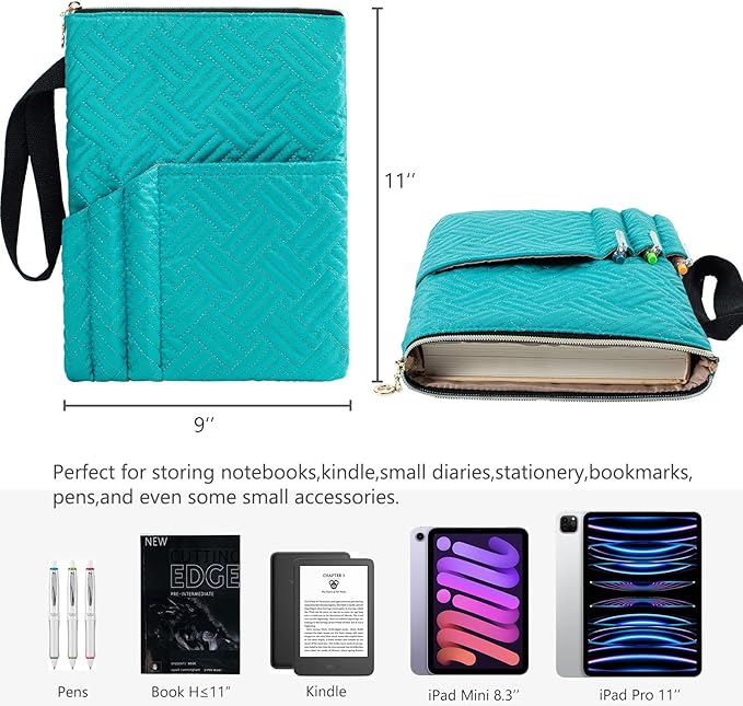 Book Sleeve with Zipper, 11"X9" Padded Book Protector, Washable Quilted Book Covers for Paperbacks, Book Pouch with Pockets for Book Lover Gifts