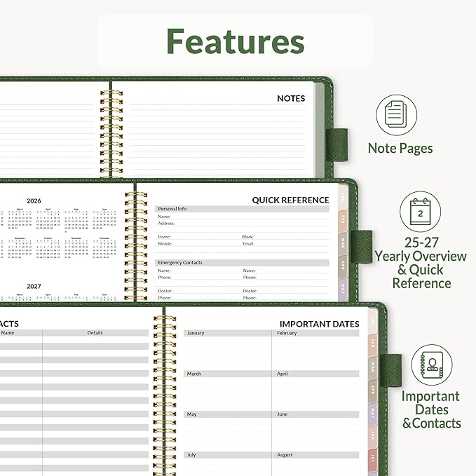 SUNEE 2026 Weekly & Monthly Planner 6.4"x8.5"- 12 Month (January 2026 - December 2026), Vegan Leather Cover, Pocket, Bookmark, Notes, Monthly Tab, Deep Green