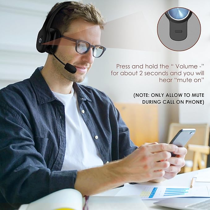 Bluetooth Headset, Trucker Bluetooth Headset with Microphone, 60 Hours Working Time Wireless on-Ear Headset for Computer Cell Phone Trucker Home Office Work (Black)