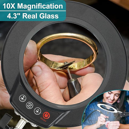 10X Magnifying Glass with Light and Stand, 2-in-1 Desk Lamp & Clamp Light, Seylae 5 Color Modes, Brightness Stepless Dimmable LED Lighted Magnifier Hands Free, Magnifier Lamp with Light for Close Work