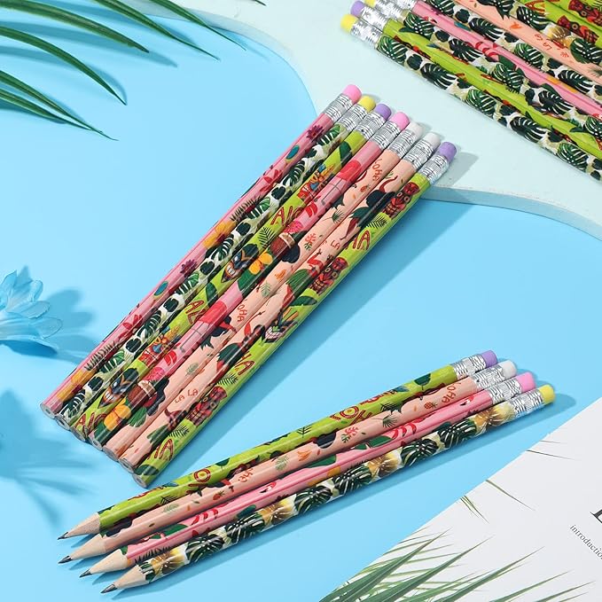 Geyee 36 Pcs Space Pencils Hawaiian Shark Themed Party Favors Assorted Novelty Fun Wood Writing Pencils with Erasers for Birthday Party Teacher Supplies(Hawaiian)