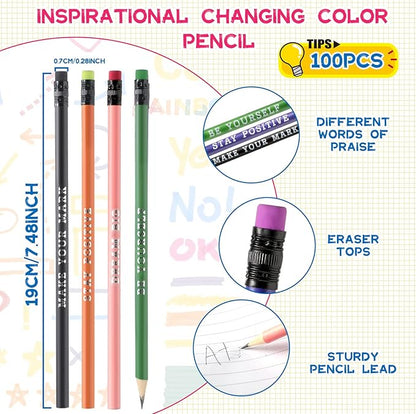 Epakh 100 Pcs Inspirational Pencils Color Changing Pencils Bulk with Eraser HB Wooden Pens Gift for Kids Students Classroom Christmas Party(Mixed Colors,Classic Style)