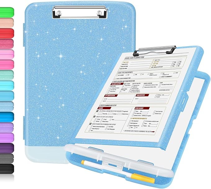 Sooez Glitter Clipboard with Storage, High Capacity Storage Clipboard with Pen Holder, Cute Clip Boards 8.5x11 with Low Profile Clip, Sparkle Plastic Clipboard Case Box for Women & Kids, Side Opening