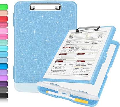 Sooez Glitter Clipboard with Storage, High Capacity Storage Clipboard with Pen Holder, Cute Clip Boards 8.5x11 with Low Profile Clip, Sparkle Plastic Clipboard Case Box for Women & Kids, Side Opening