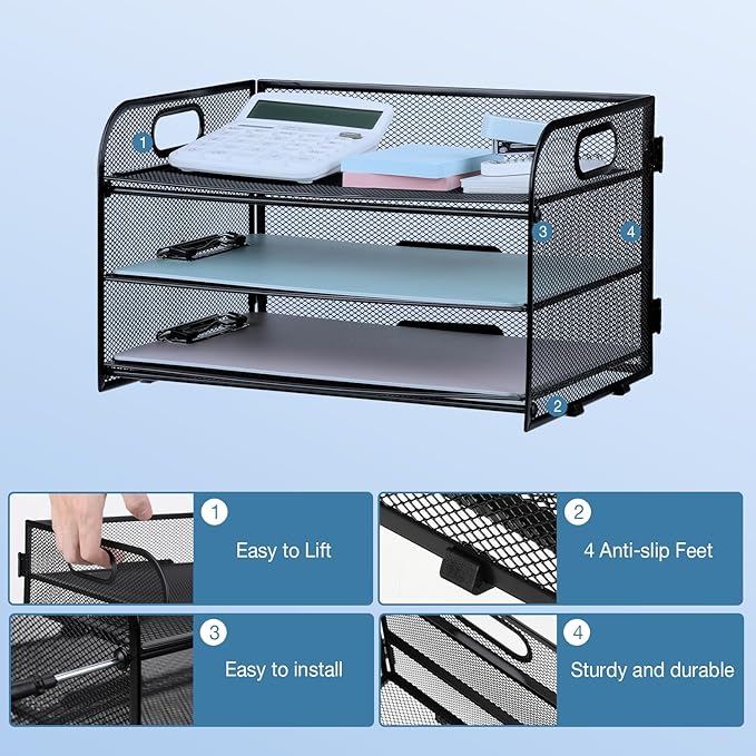 3-Tier Letter Tray Paper Organizer with Handle, Compact Mesh Desk File Organizer for Home Office Supplies Desktop Accessories,Black
