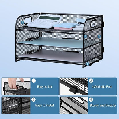 3-Tier Letter Tray Paper Organizer with Handle, Compact Mesh Desk File Organizer for Home Office Supplies Desktop Accessories,Black