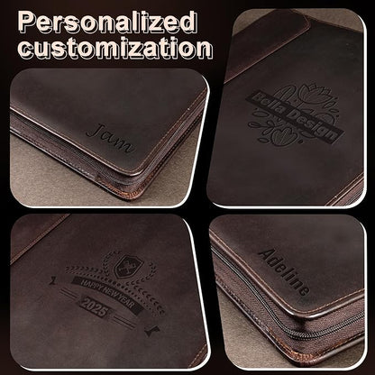 Padfolio Binder- A4 Letter Size 3-Ring Binder, Leather Portfolio Folder Organizer Deep Brown Crazy Horse Leather with Free Name Engraving. Includes Business Card Holder and Letter-Sized Writing Pad.