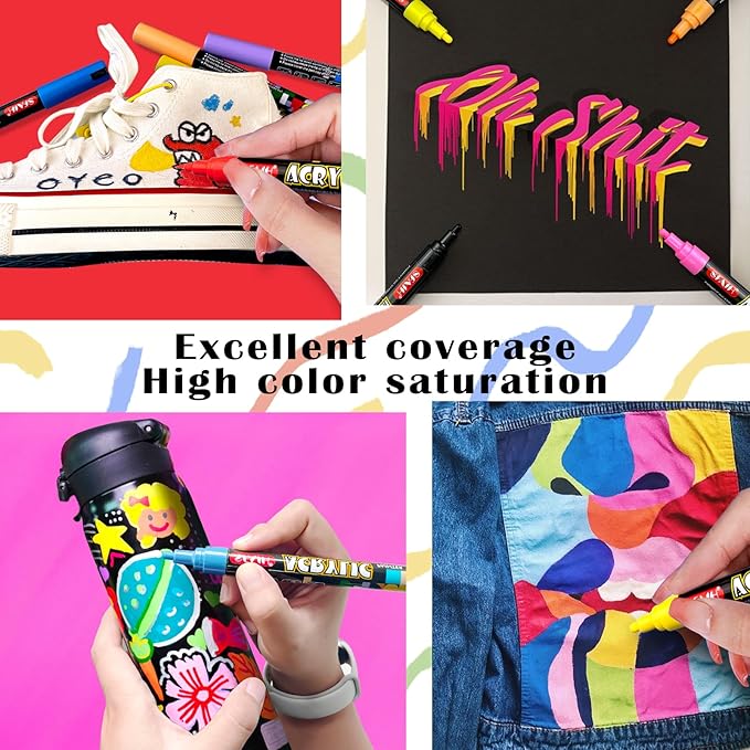 SFAIH Acrylic Creative Markers - 3mm Replaceable Nibs 36 Colors, Large Ink Capacity, Ultra-High Coverage, Non-Bleeding Water-Based Ink, Drawing Markers for Art Supplies, Wood, Fabric, Rock Painting