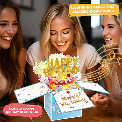 Tnvee 26TH Birthday Cards with Lights & Music & Candle, 3D Pop Up Singing Happy Birthday Greeting Cards Gfits for 26 Years Old Girl Boy Friends