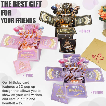 Surprise Pop Up Happy Birthday Cards, Lovely 3D Birthday Card for Adults and Kids with Envelopes, Unique Design Handmade Foldable Greeting Cards for Daughter, Son, Mom, Dad, Friend（Purple）