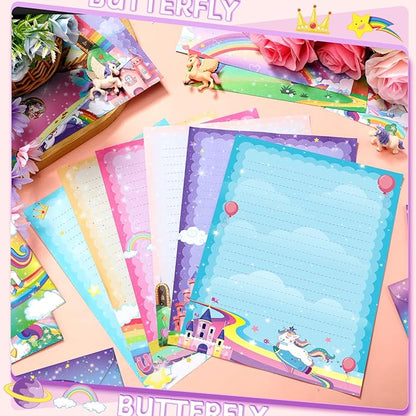 TaoBary 160 Packs Stationery Paper Set (50 Double Sided Stationery Writing Papers 50 Matching Envelopes) 60 Round Dot Sticker, 10 Design(Unicorn,8.5 x 11 Inch)