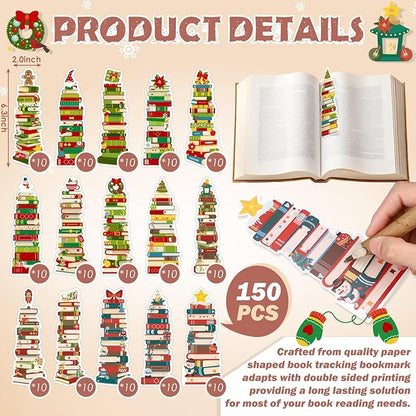 150 Pcs Book Tracker Bookmarks Bulk 6.3 x 1.97 Inch Bookshelf Design Bookmarks Paper Book Tracking Bookmark Double Sided Reading Page Markers for Book Lovers Students School (Christmas)
