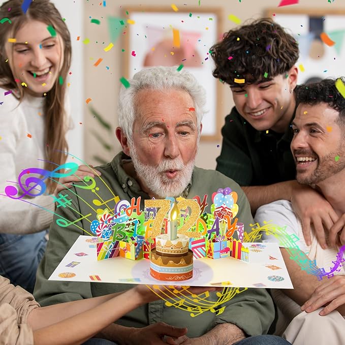 Gumry 72ND Musical Birthday PopUp Card, Blowable Colorful Light Candle 3D Cards with Song, Applause Cheers Sound, Greeting Cards Birthday Gifts Decorations for Women Men Turning 72 Years Old