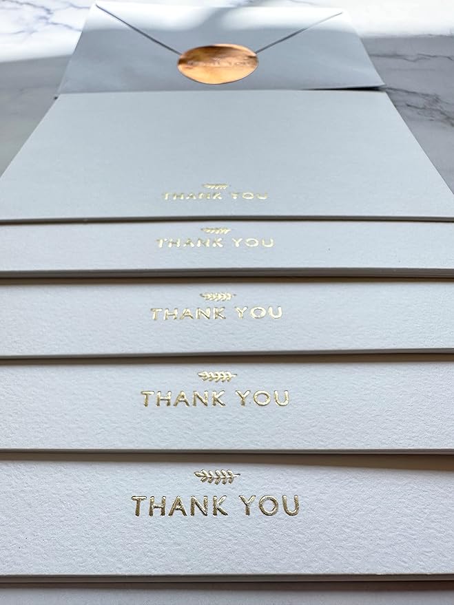 RUN2PRINT (36 Pack) Thank You Cards With Envelopes & Gift of 36 Foiled Stickers - Elegant Emboss Rose Gold Foil Pressed Blank Notes Wedding All Occasion Cards (White)