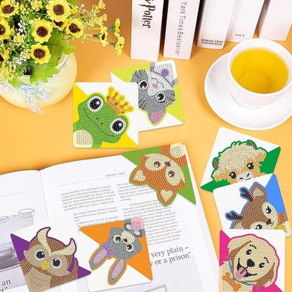 Anseal 8 Pcs Animals Diamond Art Painting Bookmark, Rhinestone Crystal Corner Bookmarks for Book Lovers, Triangle Embroidery Painting Arts Crafts Book Mark for Kids
