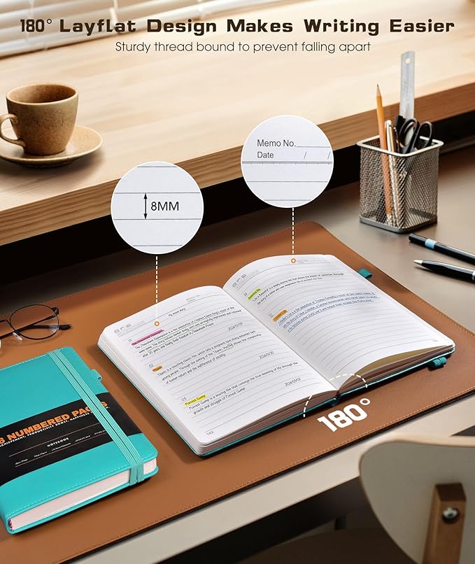 Lined Journal Notebook for Women Men, 256 Numbered Pages Hardcover Leather Journals for Writing, A5 Journaling Notebooks, College Ruled Journal for Business Work School Note Taking 5.75" x 8.38" Teal