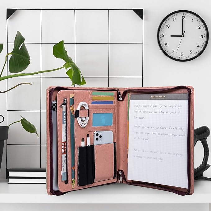 Business Vegan Leather Folder with Clipboards, Portfolio Binder Organizer, Business Portfolio for Men/Women, Zipper Portfolio Notebook, Binder with clipboard, Personalized Gift for Friends, Pink