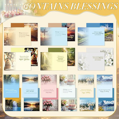 120 Pack Religious Christian Birthday Cards Bulk with Scripture Bible Verse 4.5 x 6.2 Inch Assorted Christian Blessings Greeting Cards for Birthday with Envelopes and Stickers (Scenic Style)