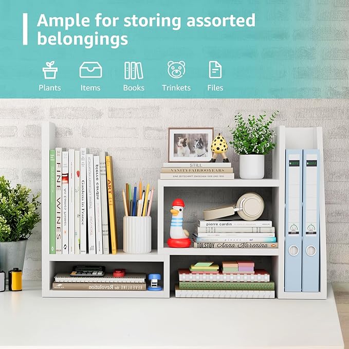 Desktop File Organizer Desk Organizer Shelf - White Office Organization Shelves for Top of Desk Organizers and Accessories Corner Bookshelf Table Top Shelving Small Hutch Decorations for Women Office