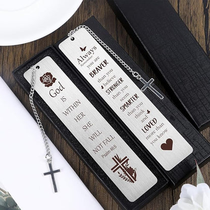 Christian Metal Bookmarks Gifts - 2Pcs Inspirational Bible Verse Bookmarks Gift for Book Lovers Pretty Bookmarker with Cross Pendant for Women Religious Book Mark Gifts for Friends