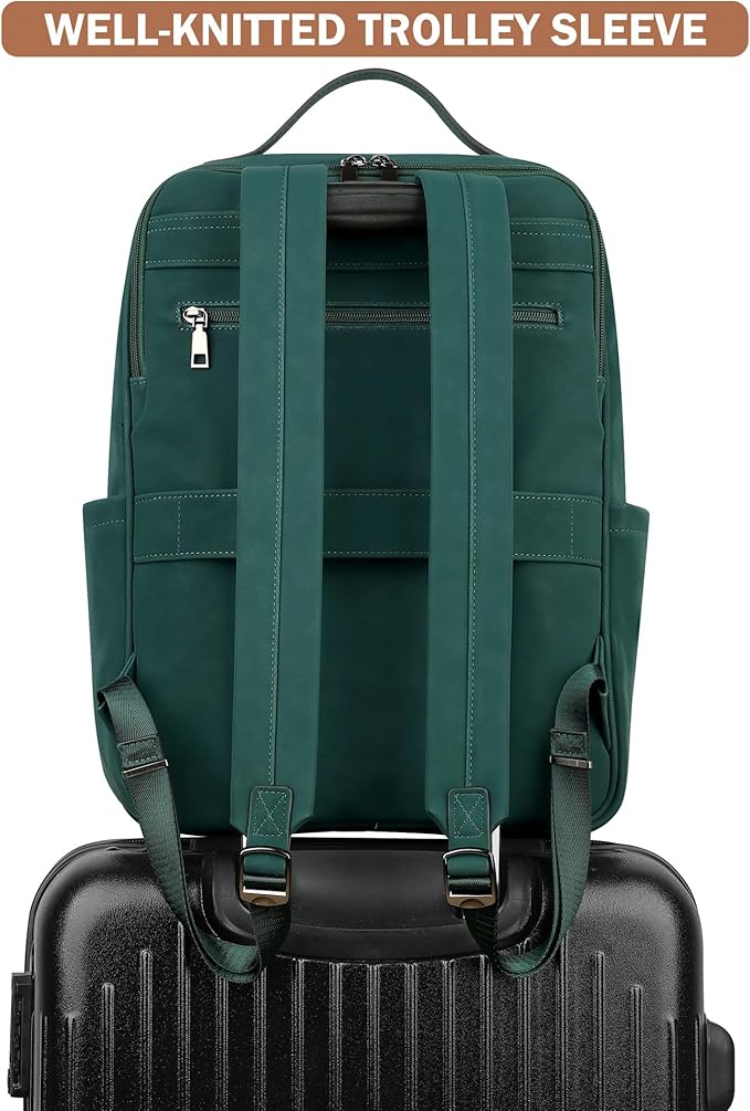 MASINTOR 15.6 inch PU Leather Laptop Backpack Purse for Women, Large College Casual Backpack Travel Bag Retro Green