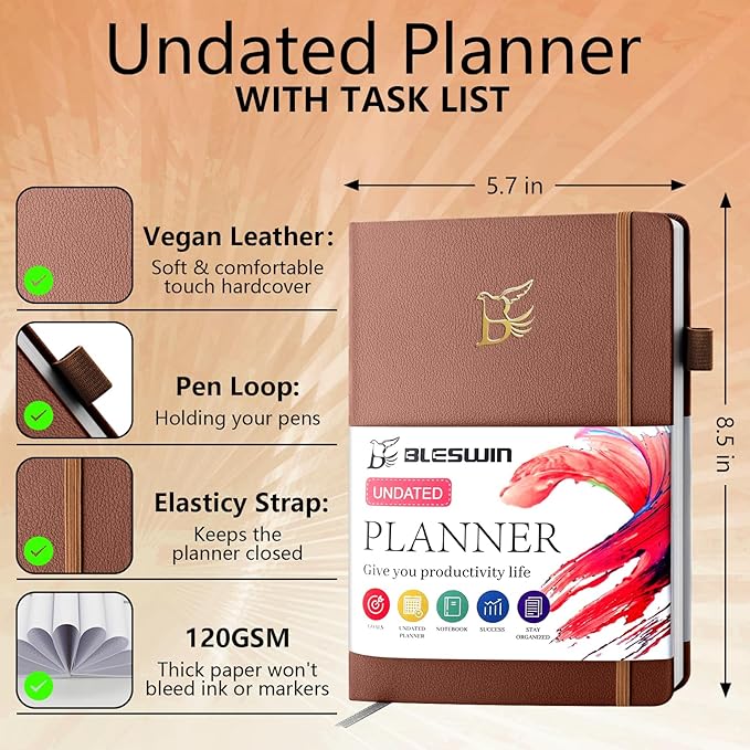 Upgraded Planner 2024-2025 A5, Undated Leather Hardcover Planner with Sticker Tabs, Organizer Notebook, Weekly Goals Planner, Daily Planner, To Do List, Habit Tracker, Aesthetic, School or Office