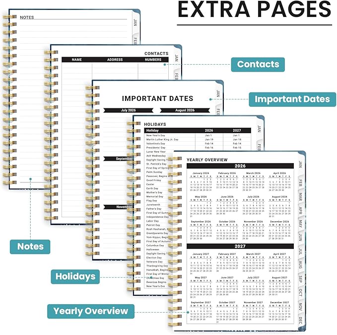 2026 Planner, Weekly and Monthly Planner for Women, January 2026 to December 2026, Pretty Hardcover 2026 Calendar Planner Book with Tabs, Inner Pocket, Spiral Bound, Perfect Office Home School Supplies - 6.3" x 8.5", Azure Drift
